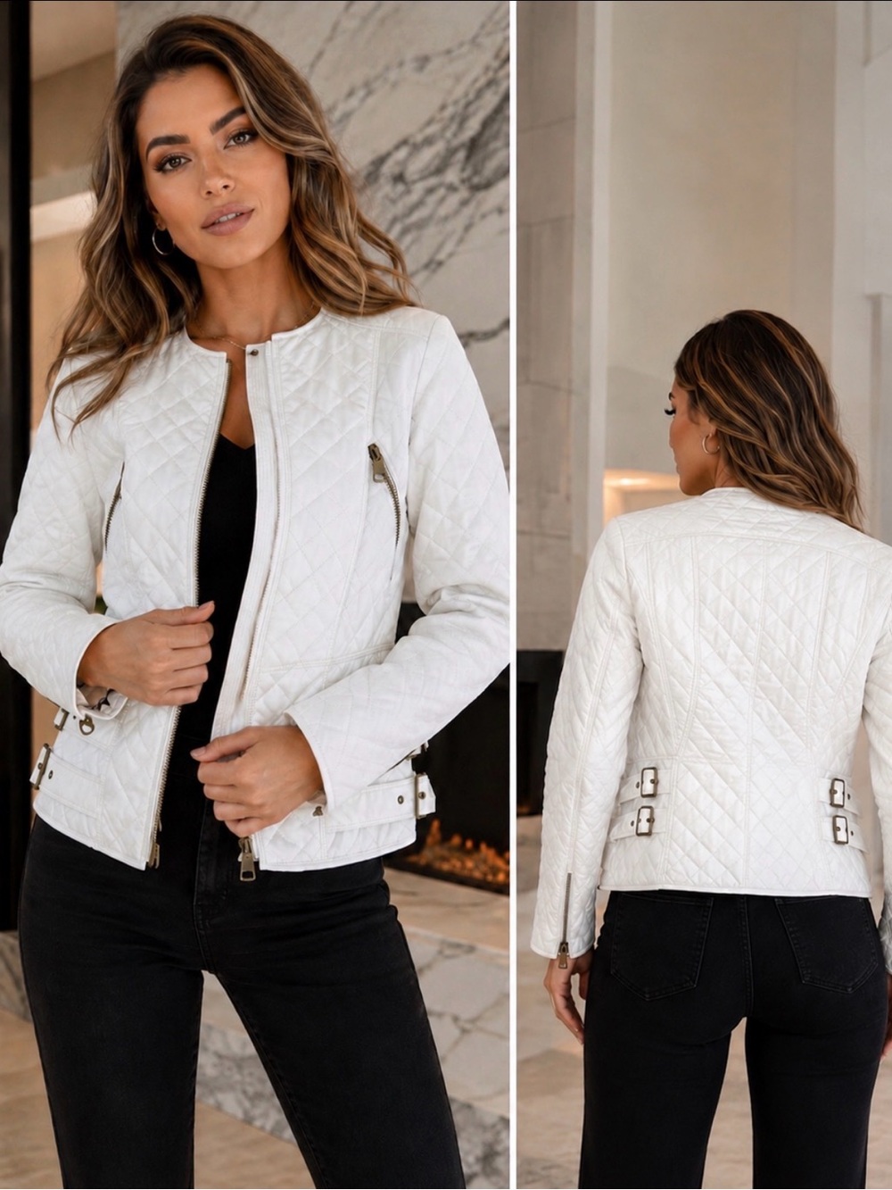 Burberry White Quilted Leather Moto Jacket